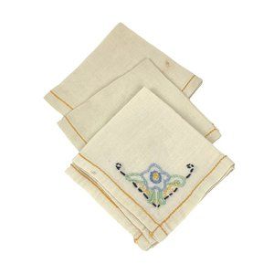 Vintage Set of 3 Embroidered Cocktail Luncheon Napkins Floral Beige Blue
